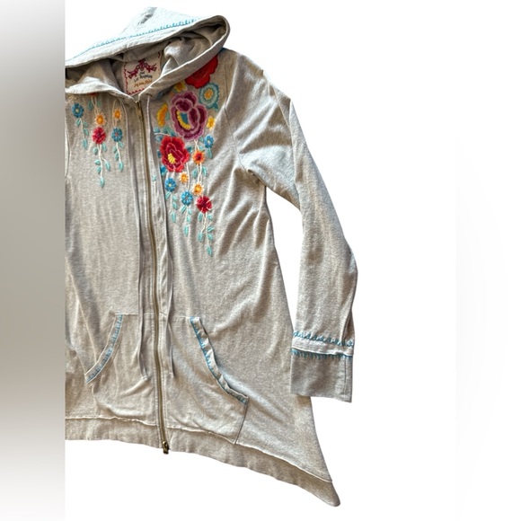 JWLA JOHNNY WAS Light Heather Gray Embroidered Floral Sleeve Zip Up Hoodie Small - Picture 2 of 12